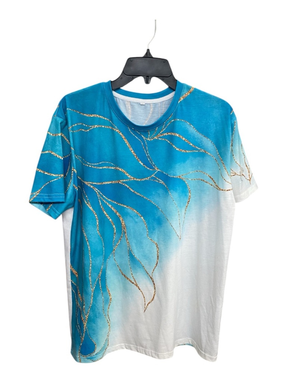 NEW Gradient Teal Green Blue & White Short Sleeve Top Gold with Marbled Accent - Picture 2 of 10